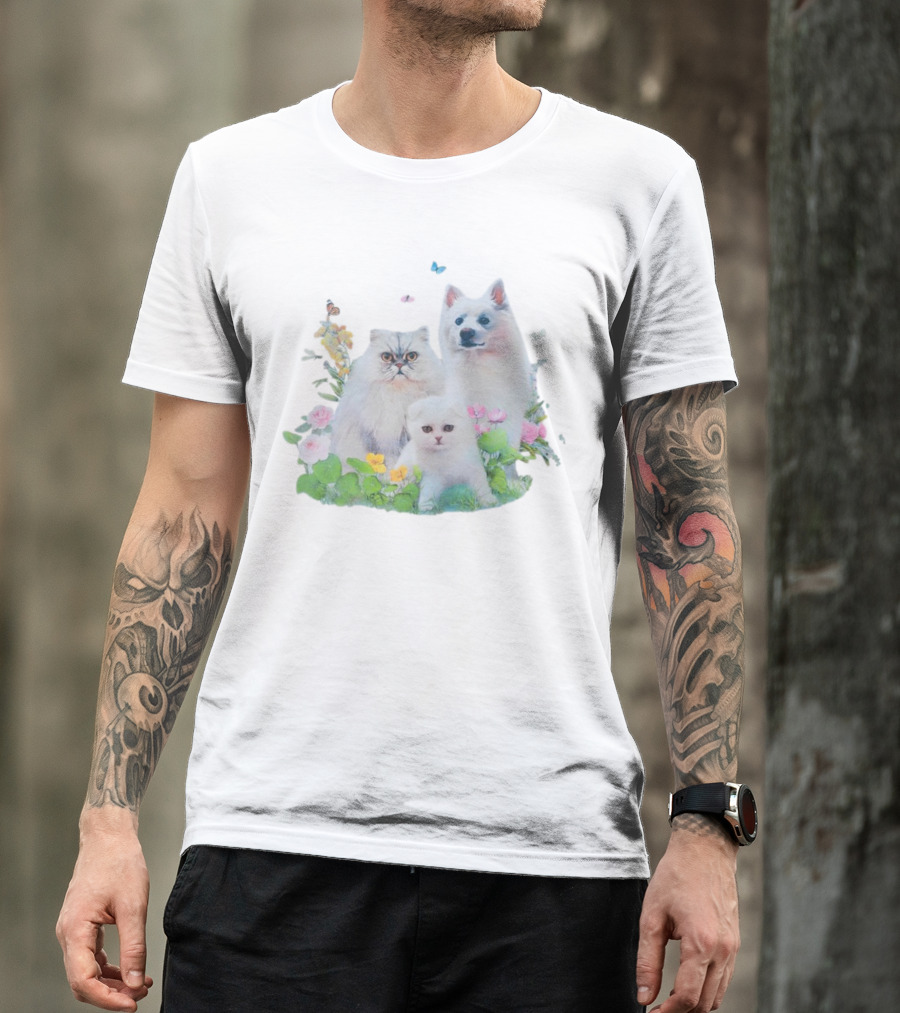 Qtcinderella Pet Animals With Cats And Dog In Floral Pastel Garden T-Shirt