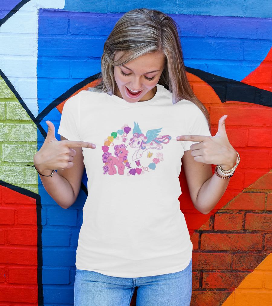 My Little Pony Rainbow Pegasus And Unicorn With Colorful Hearts And Stars T-Shirt