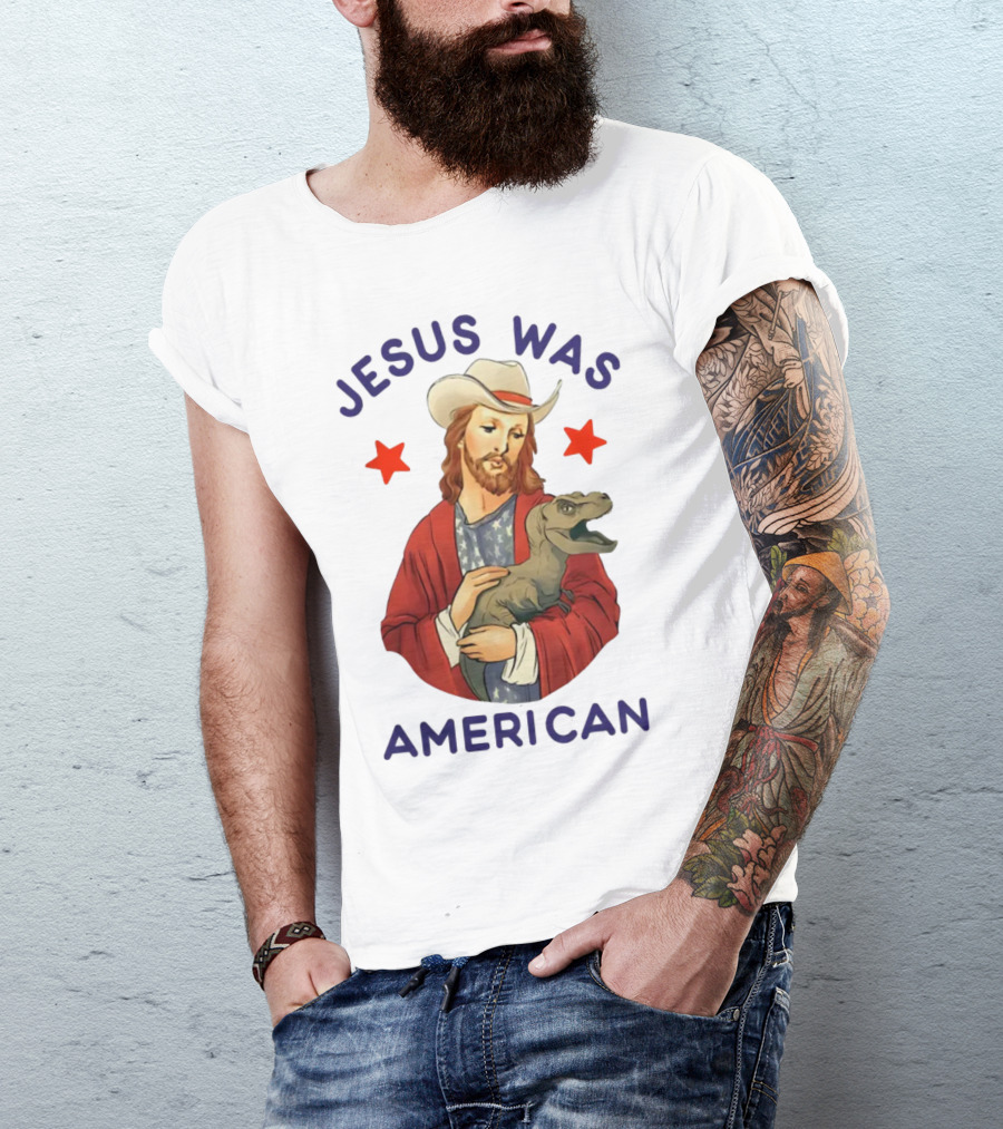 Jesus Was American Holding Dinosaur In Cowboy Hat With Stars T-Shirt