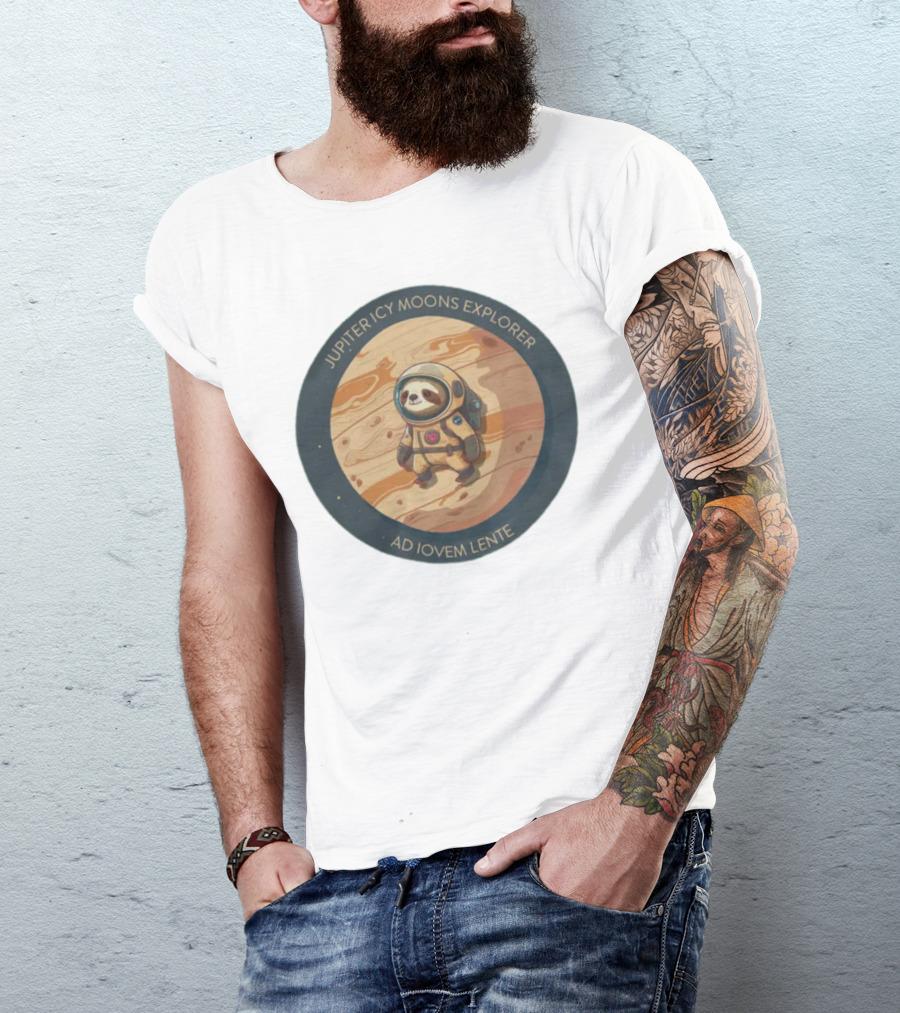 Jupiter Icy Moons Explorer Ad Iovem Lente Space Sloth In Astronaut Suit T-Shirt