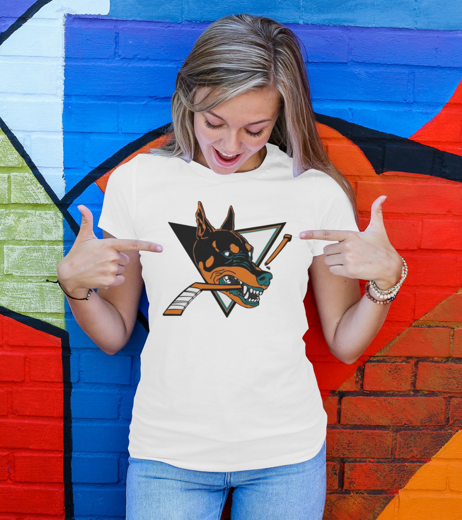 Kayzo San Jose Dogs Hockey Iconic Doberman Logo With Hockey Sticks T-Shirt