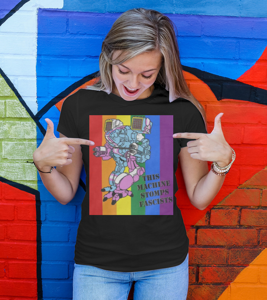 This Machine Stomps Fascists Mech Rainbow Stripes T-Shirt