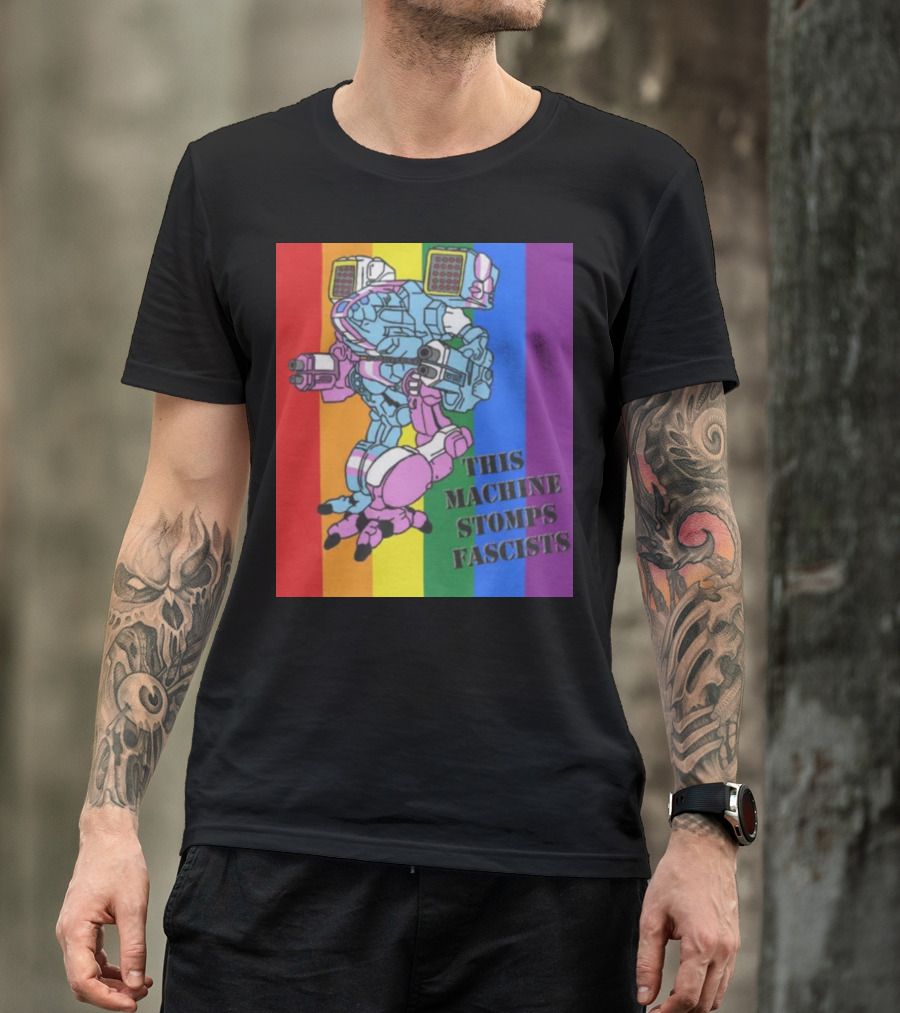 This Machine Stomps Fascists Mech Rainbow Stripes T-Shirt