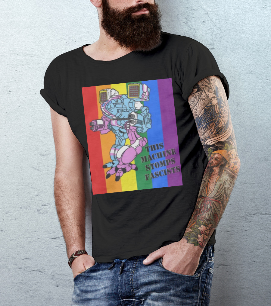 This Machine Stomps Fascists Mech Rainbow Stripes T-Shirt