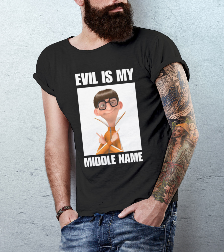 Evil Is My Middle Name Animated Character With Orange Outfit And Glasses T-Shirt