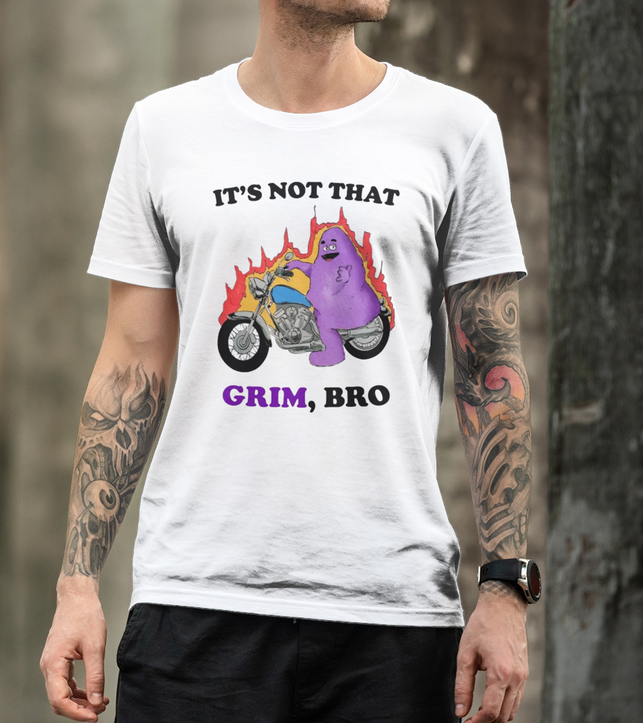 It's Not That Grim Bro Purple Character Riding Motorcycle With Flames T-Shirt