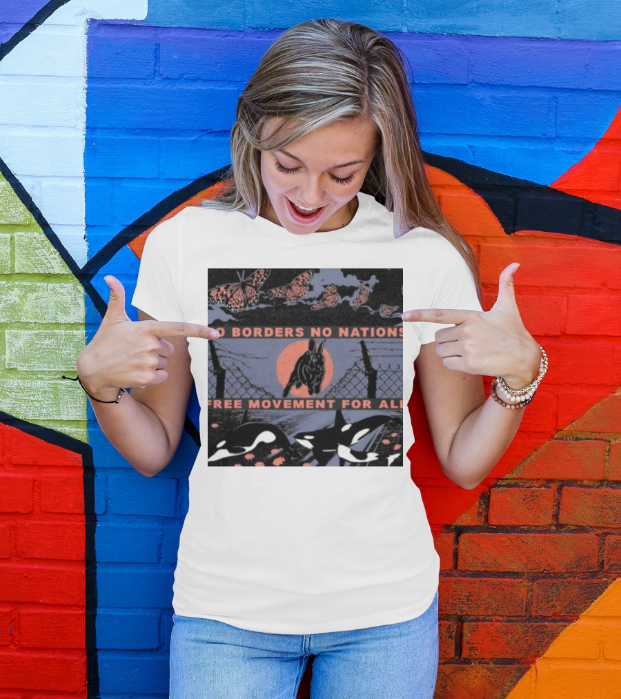 No Borders No Nations Free Movement For All Butterflies Rabbit Orcas Fence Orange Background T-Shirt