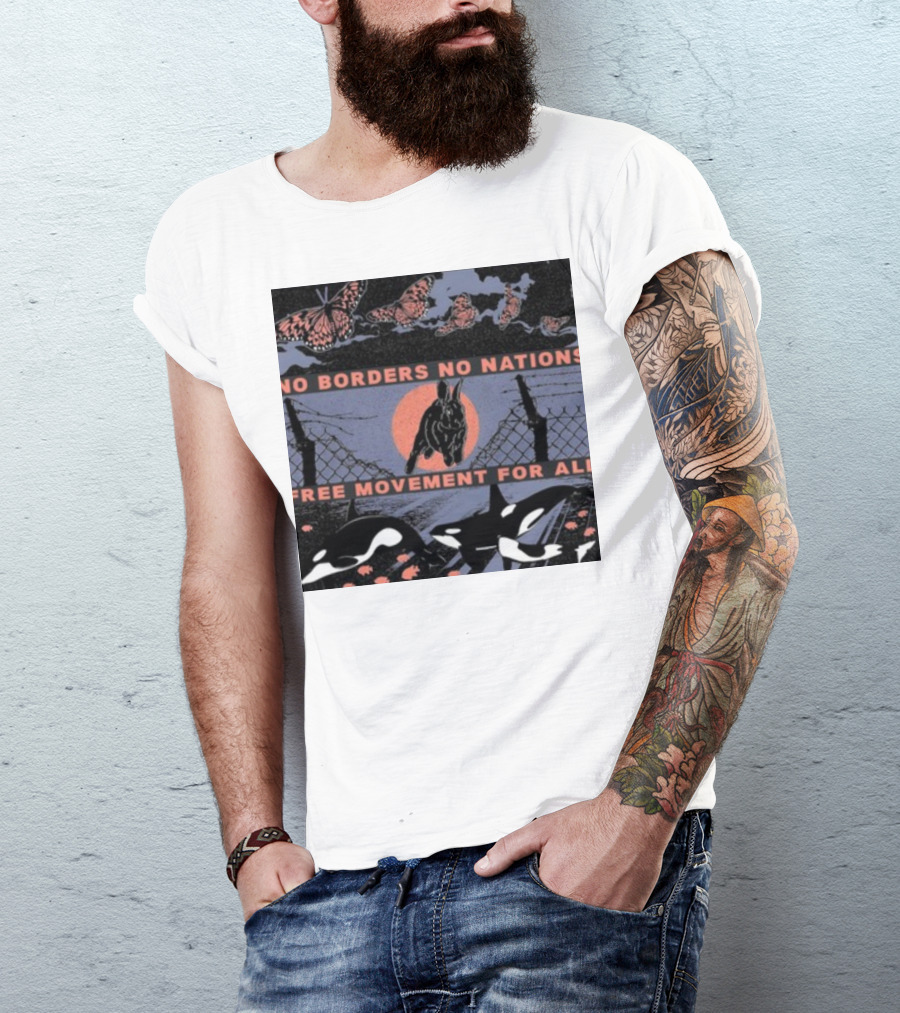 No Borders No Nations Free Movement For All Butterflies Rabbit Orcas Fence Orange Background T-Shirt