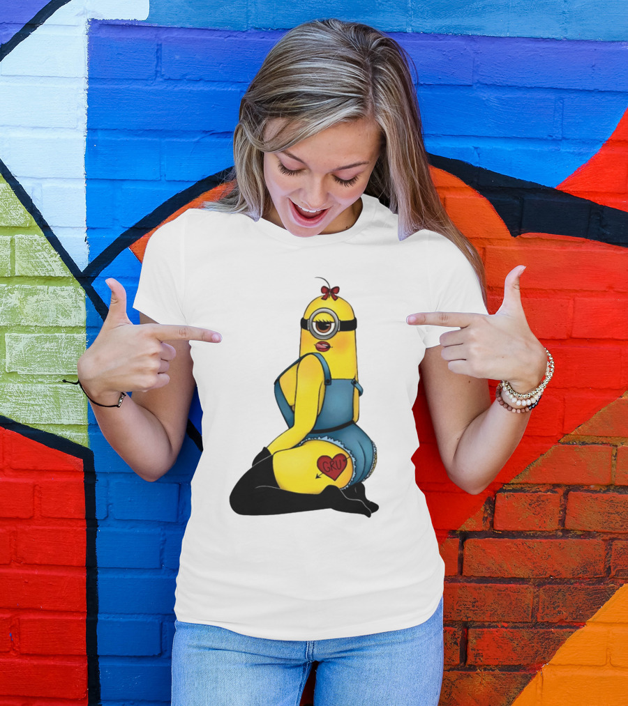 Minion In Blue Overalls With Gru Heart Tattoo And Red Bow T-Shirt