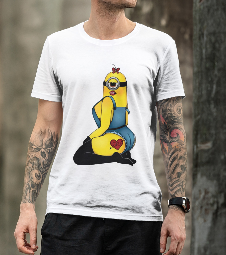 Minion In Blue Overalls With Gru Heart Tattoo And Red Bow T-Shirt