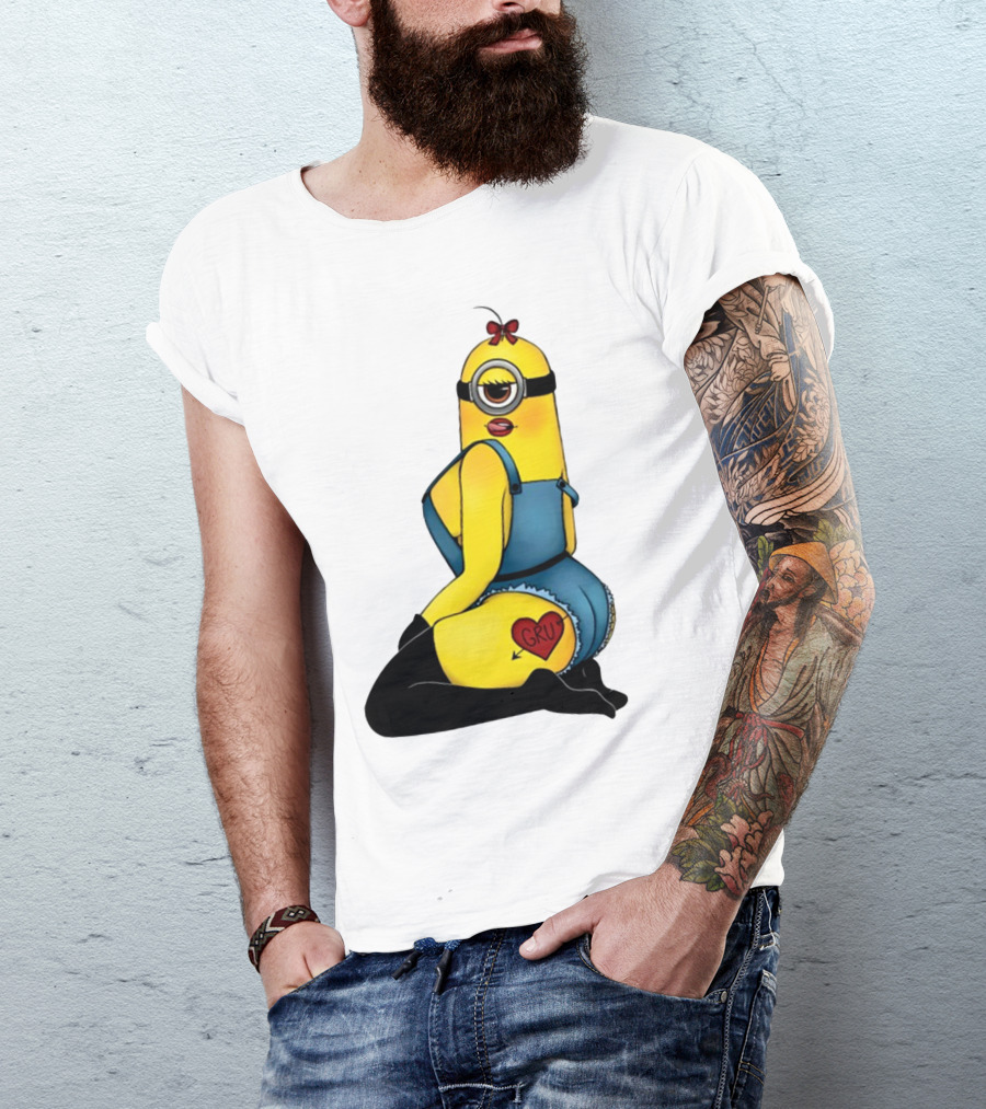 Minion In Blue Overalls With Gru Heart Tattoo And Red Bow T-Shirt