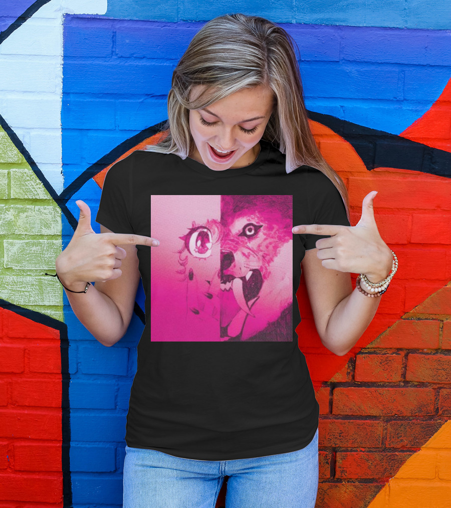 Topatoco Dead On The Scene Anime Eye Wolf Face Split Pink T-Shirt