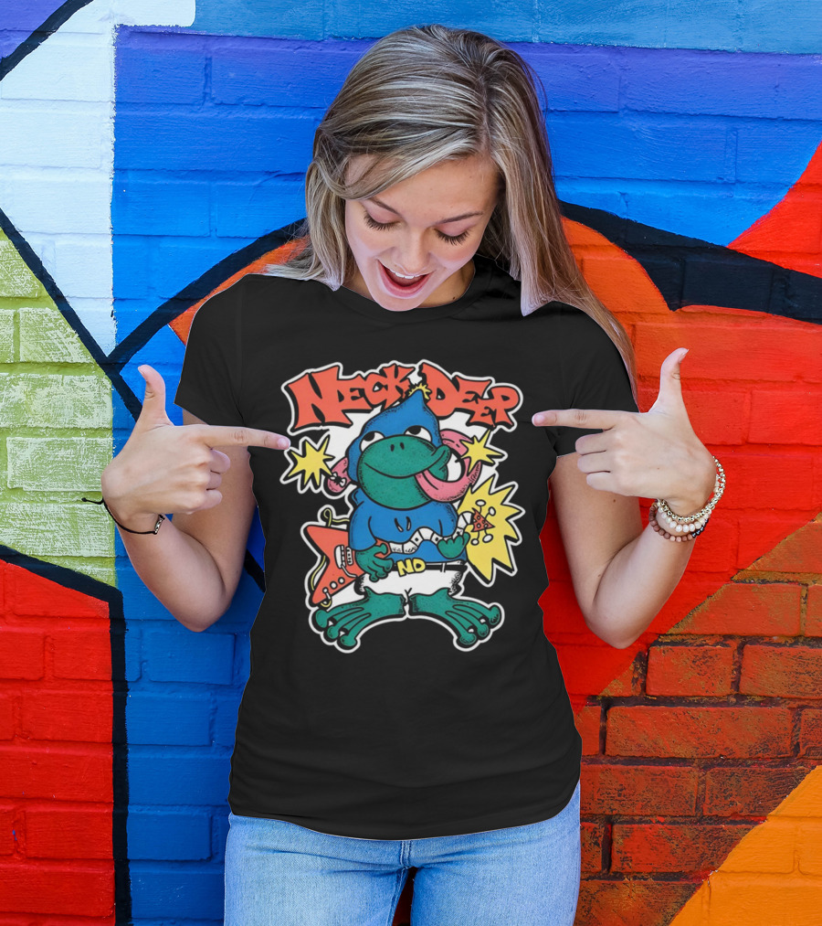 Neck Deep Frog Cartoon Character Holding Red Electric Guitar With Stars And No Belt T-Shirt