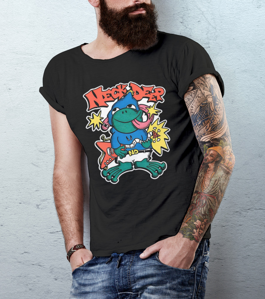 Neck Deep Frog Cartoon Character Holding Red Electric Guitar With Stars And No Belt T-Shirt