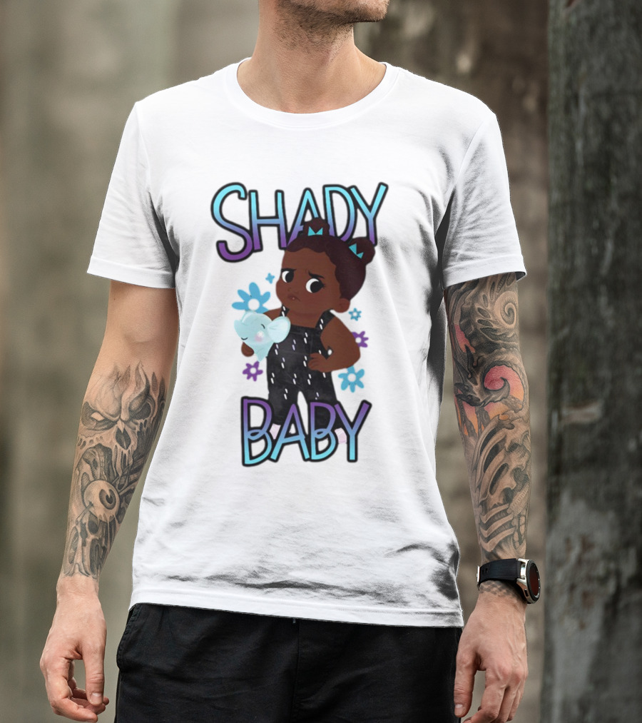 Shady Baby Cute Cartoon Character Holding Blue Elephant With Purple And Blue Flowers T-Shirt