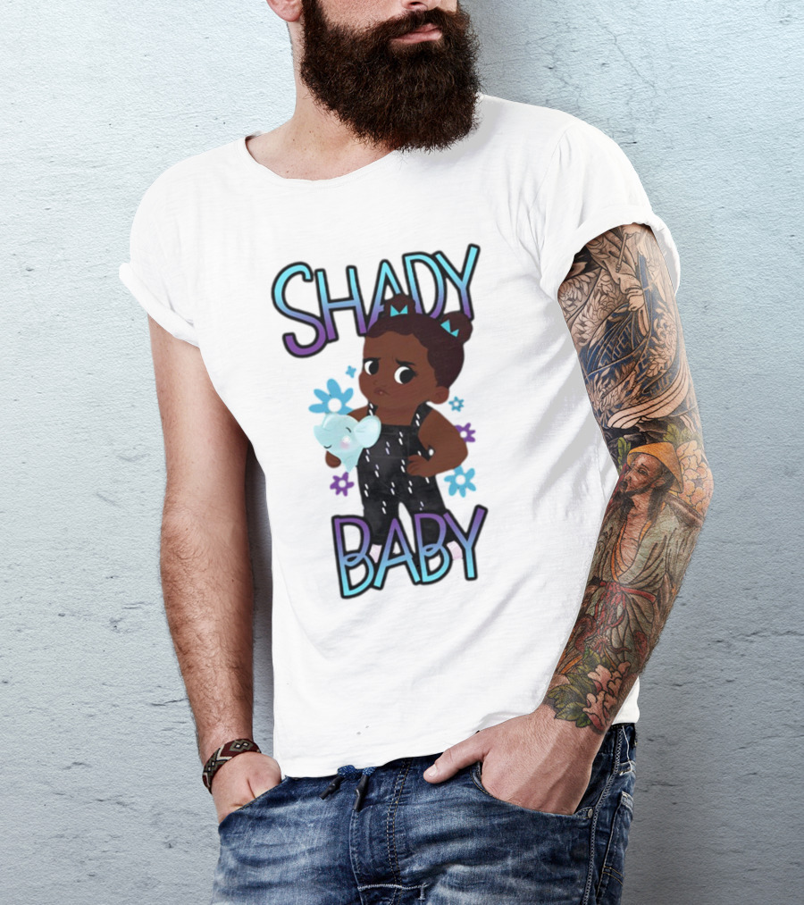 Shady Baby Cute Cartoon Character Holding Blue Elephant With Purple And Blue Flowers T-Shirt