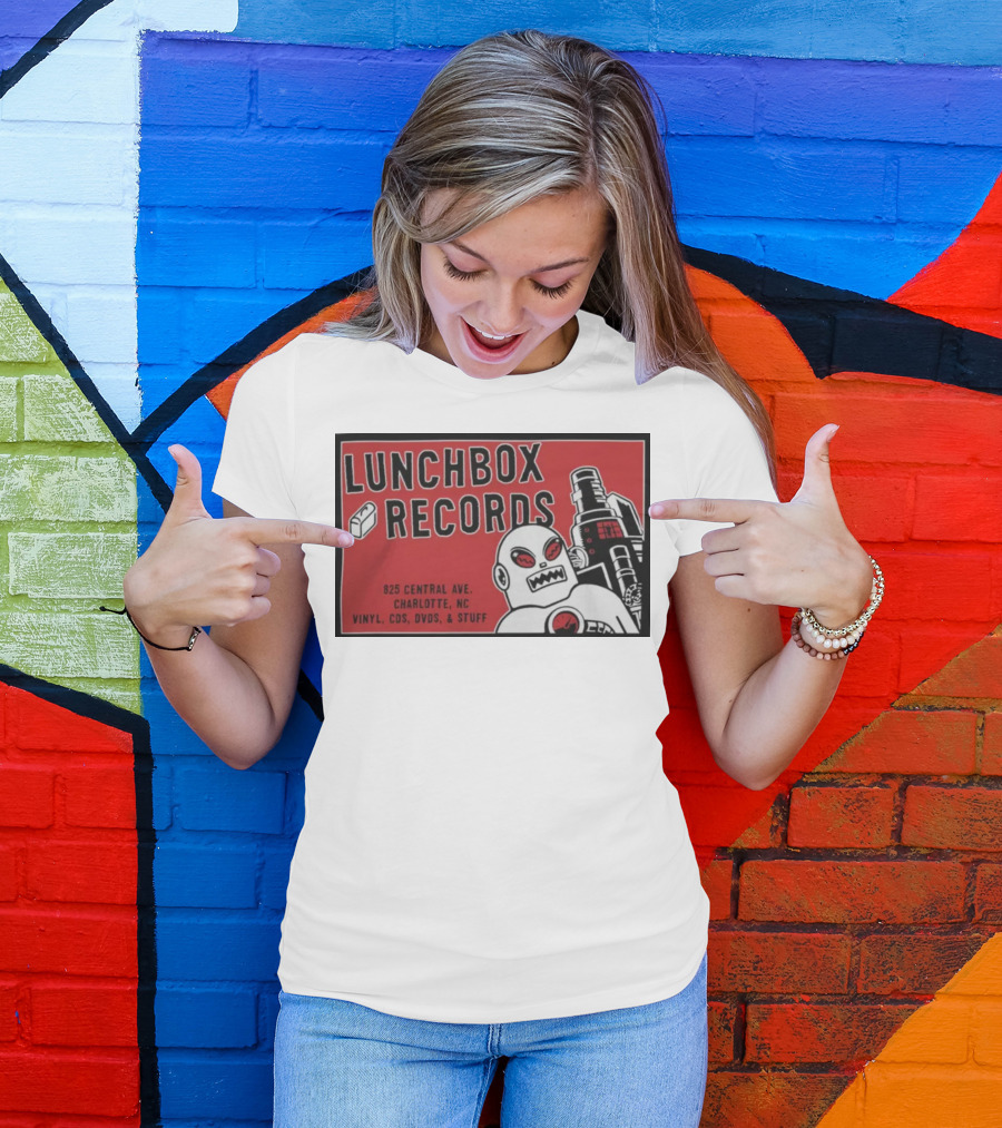 Lunchbox Records 825 Central Ave Charlotte NC Vinyl CDs DVDs Stuff Robot T-Shirt