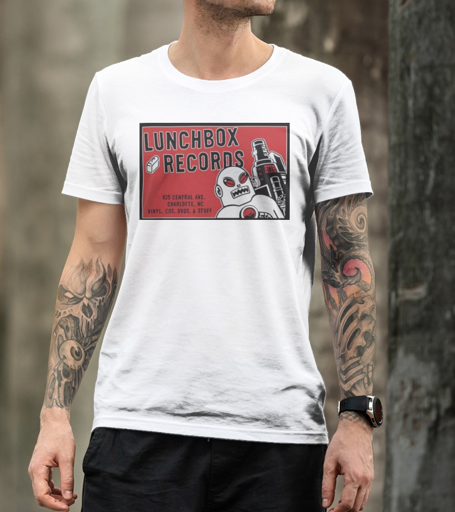Lunchbox Records 825 Central Ave Charlotte NC Vinyl CDs DVDs Stuff Robot T-Shirt