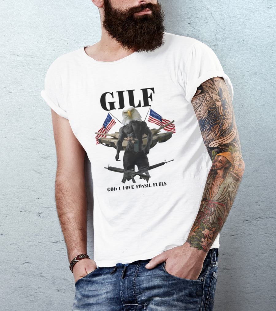 GILF God I Love Fossil Fuels Bald Eagle With Guns And American Flags T-Shirt