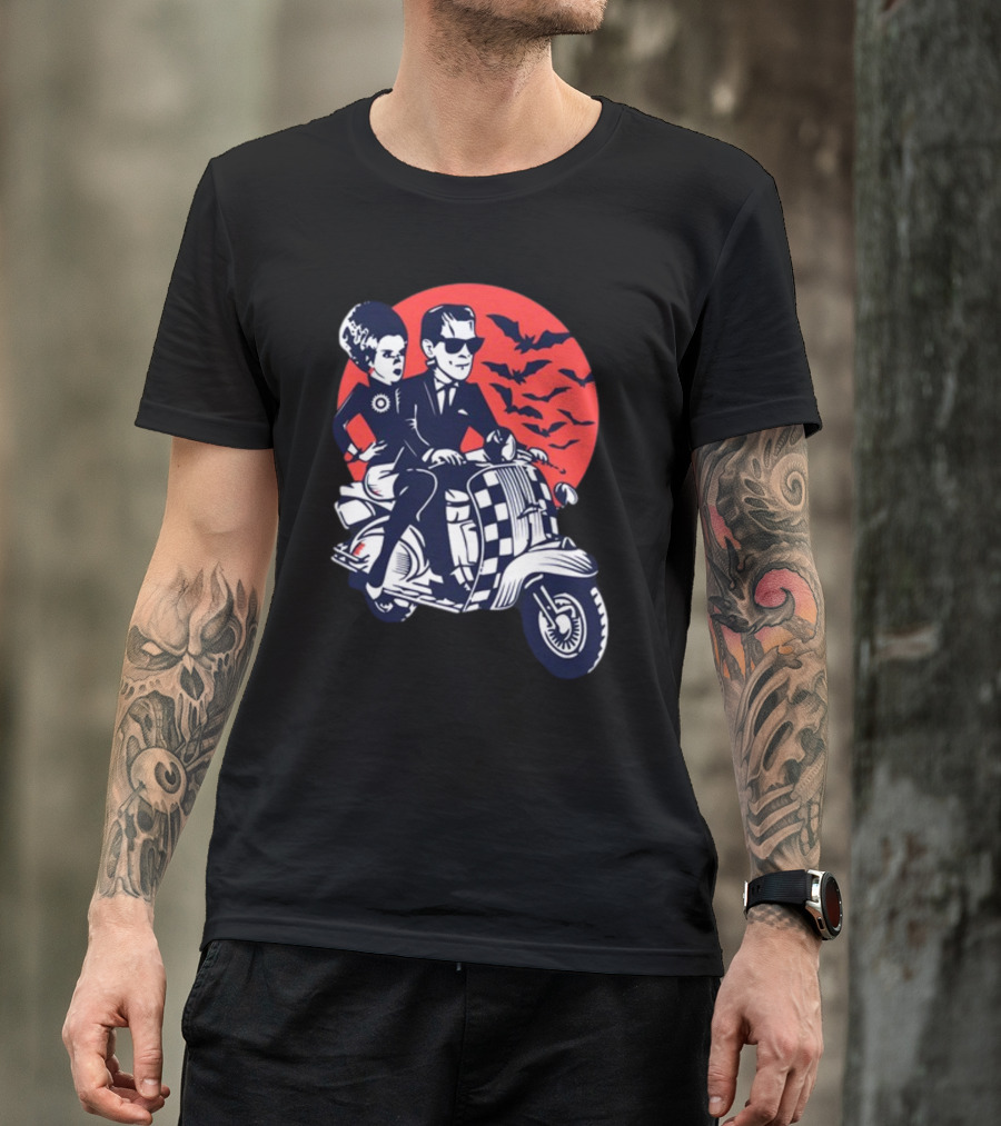 Ska-Lloween Couple Riding Scooter With Bats In Halloween Moon Sky T-Shirt