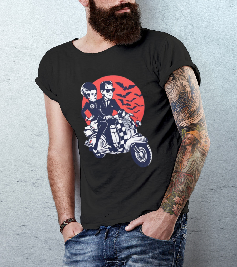 Ska-Lloween Couple Riding Scooter With Bats In Halloween Moon Sky T-Shirt