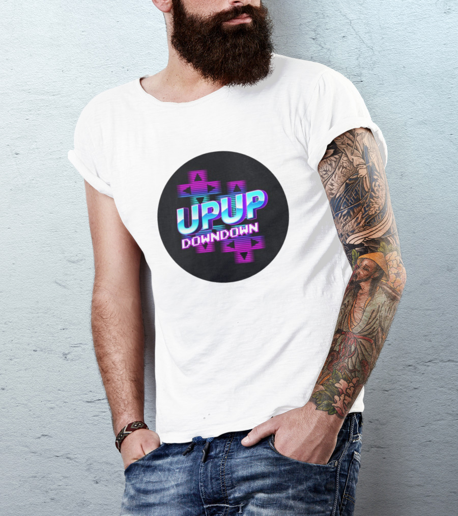 UPUP DOWNDOWN Retro Video Game Arrows Neon Text T-Shirt