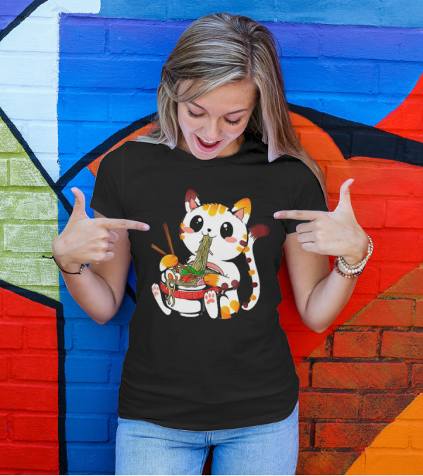 Furia Hiswattson Cat Enjoying Ramen Bowl With Chopsticks T-Shirt