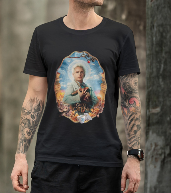 Good Omens Aziraphale Holding Books And Broken Tea Cup With Halo And Clouds T-Shirt
