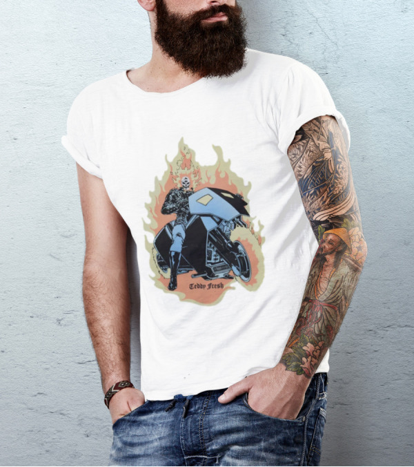 Teddy Fresh Tf X Marvel Ghost Rider Uv Activated Flames Motorcycle T-Shirt