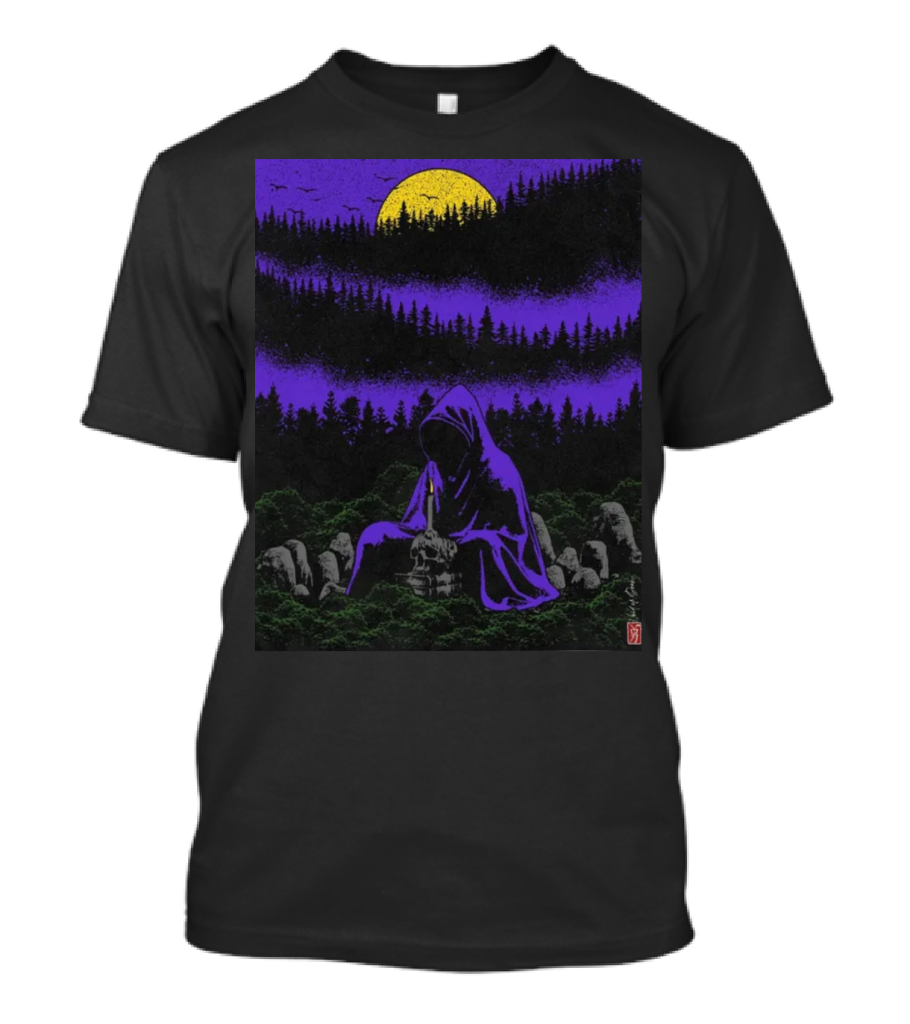 Death By Hibachi Void Of Doom Grim Reaper In Enchanted Forest Under Yellow Full Moon T-Shirt