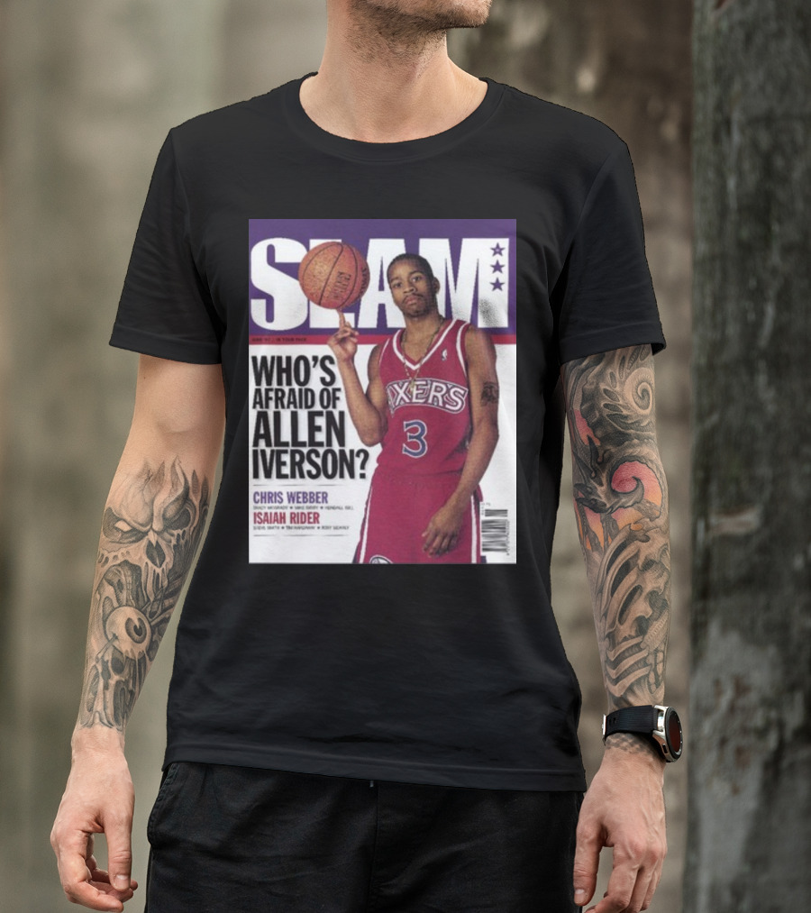 Slam Magazine Cover: Allen Iverson In Sixers Jersey With Who's Afraid Of Allen Iverson Headline T-Shirt