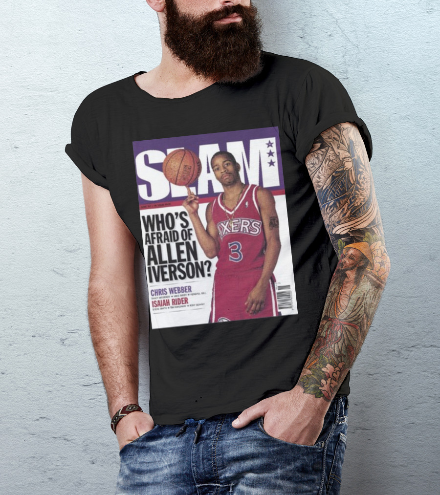 Slam Magazine Cover: Allen Iverson In Sixers Jersey With Who's Afraid Of Allen Iverson Headline T-Shirt