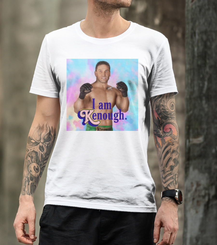 Brogan Ken Shamrock I Am Kenough Boxer Gloves Blue Pink Background T-Shirt