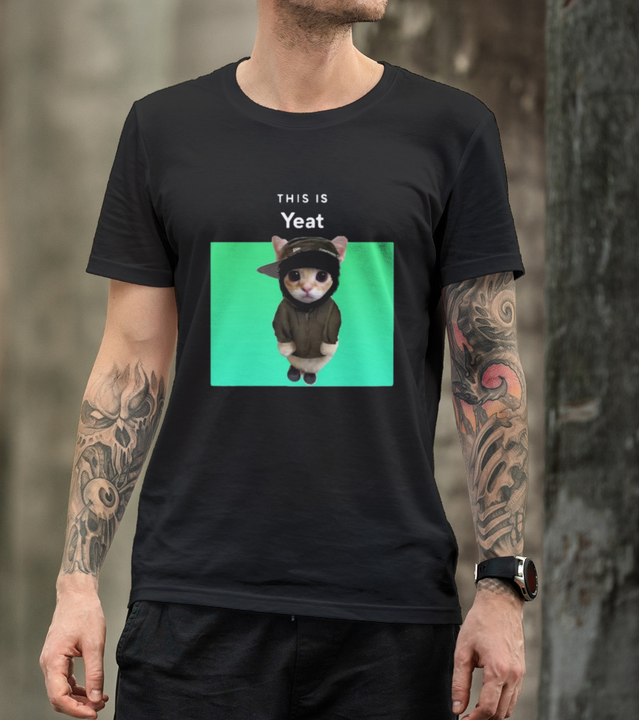 Yeat Cat Wearing Hoodie And Cap On Green Background T-Shirt