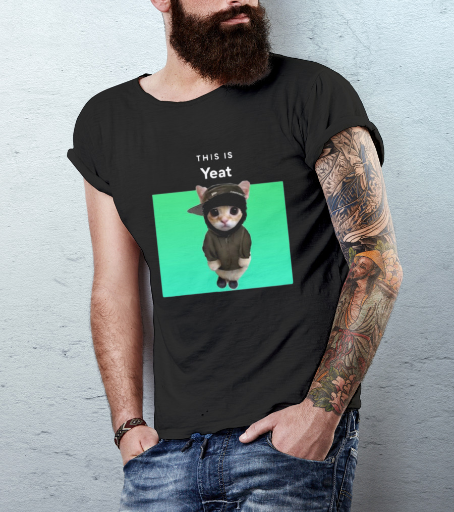 Yeat Cat Wearing Hoodie And Cap On Green Background T-Shirt
