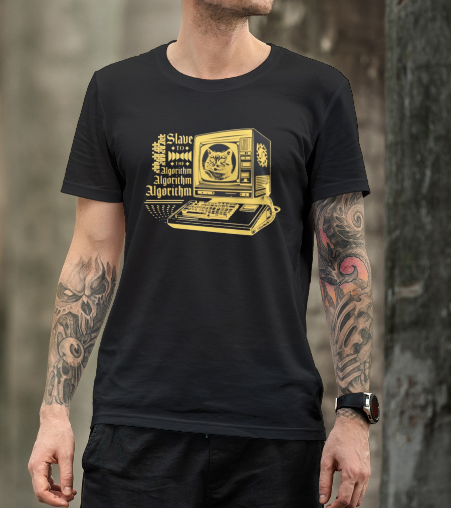 Freddytylerpaul Slave To The Algorithm Retro Computer Cat T-Shirt