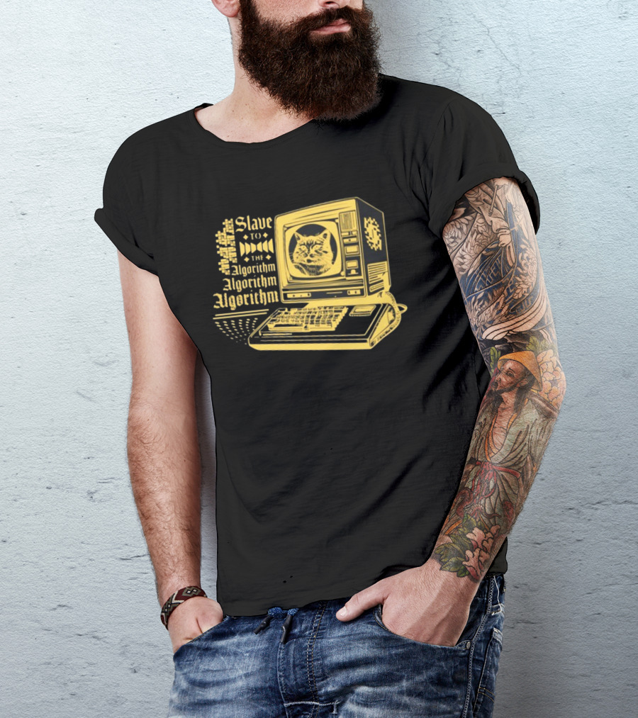 Freddytylerpaul Slave To The Algorithm Retro Computer Cat T-Shirt