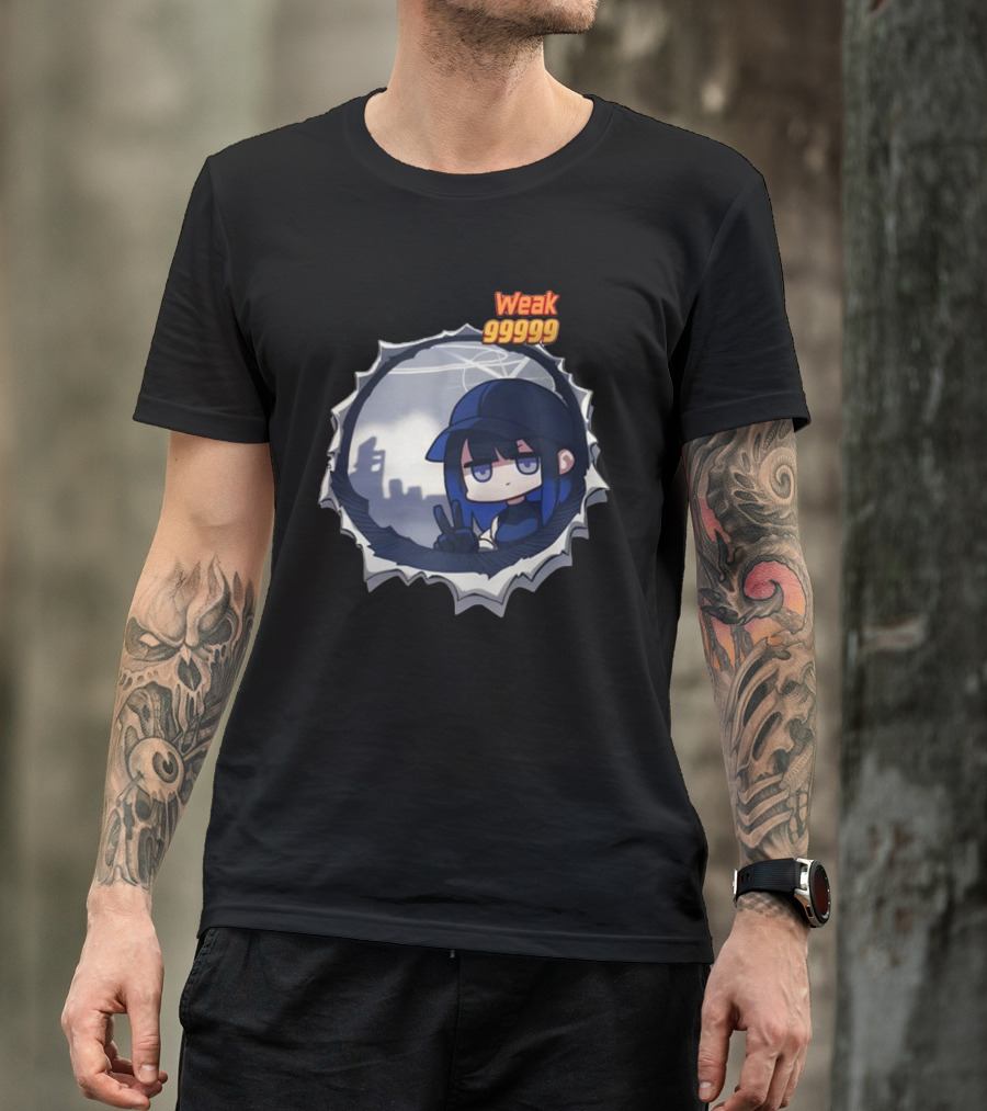 Weak 99999 Manga Character Peering Through Circular Portal T-Shirt