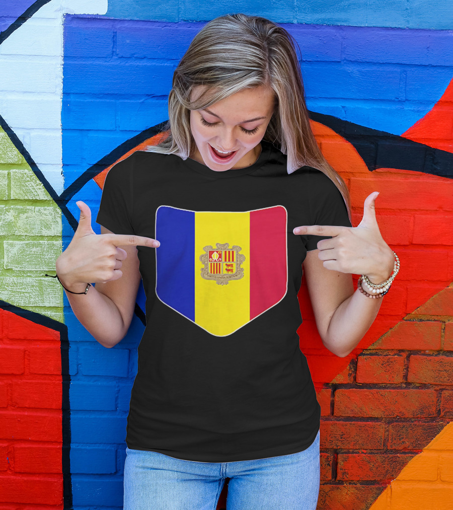 Andorra Flag Pocket Print Andorran Colors Crest Emblem T-Shirt
