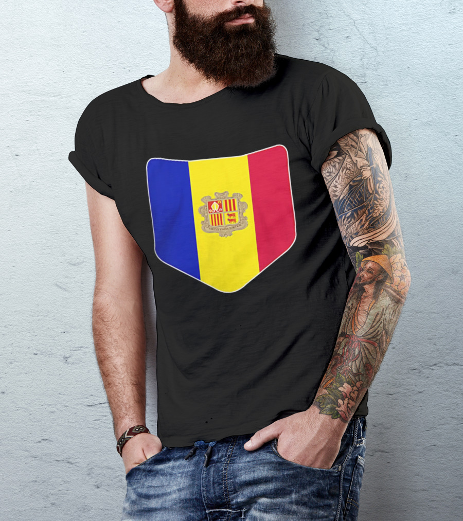 Andorra Flag Pocket Print Andorran Colors Crest Emblem T-Shirt
