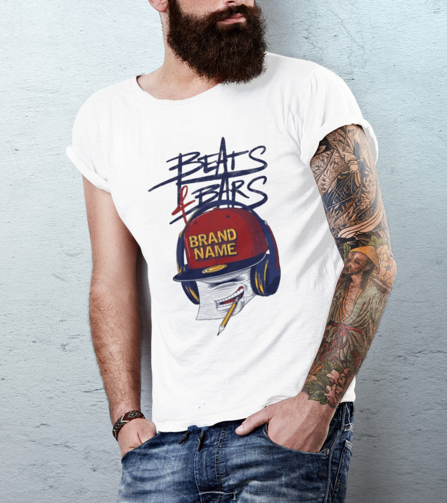 Beats And Bars Brand Name Hat Headphones Pencil Sketch T-Shirt
