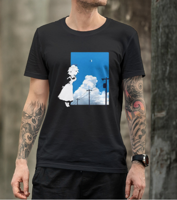 Electric Maid Under Cloudy Sky And Moon With Power Lines T-Shirt