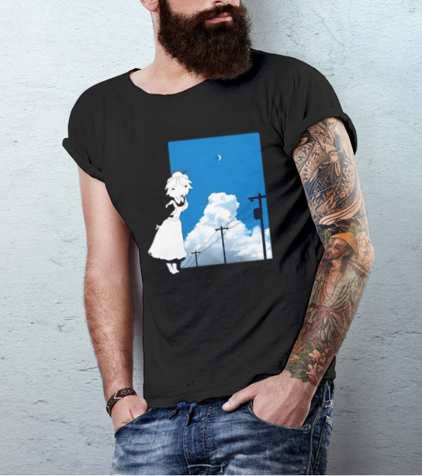 Electric Maid Under Cloudy Sky And Moon With Power Lines T-Shirt