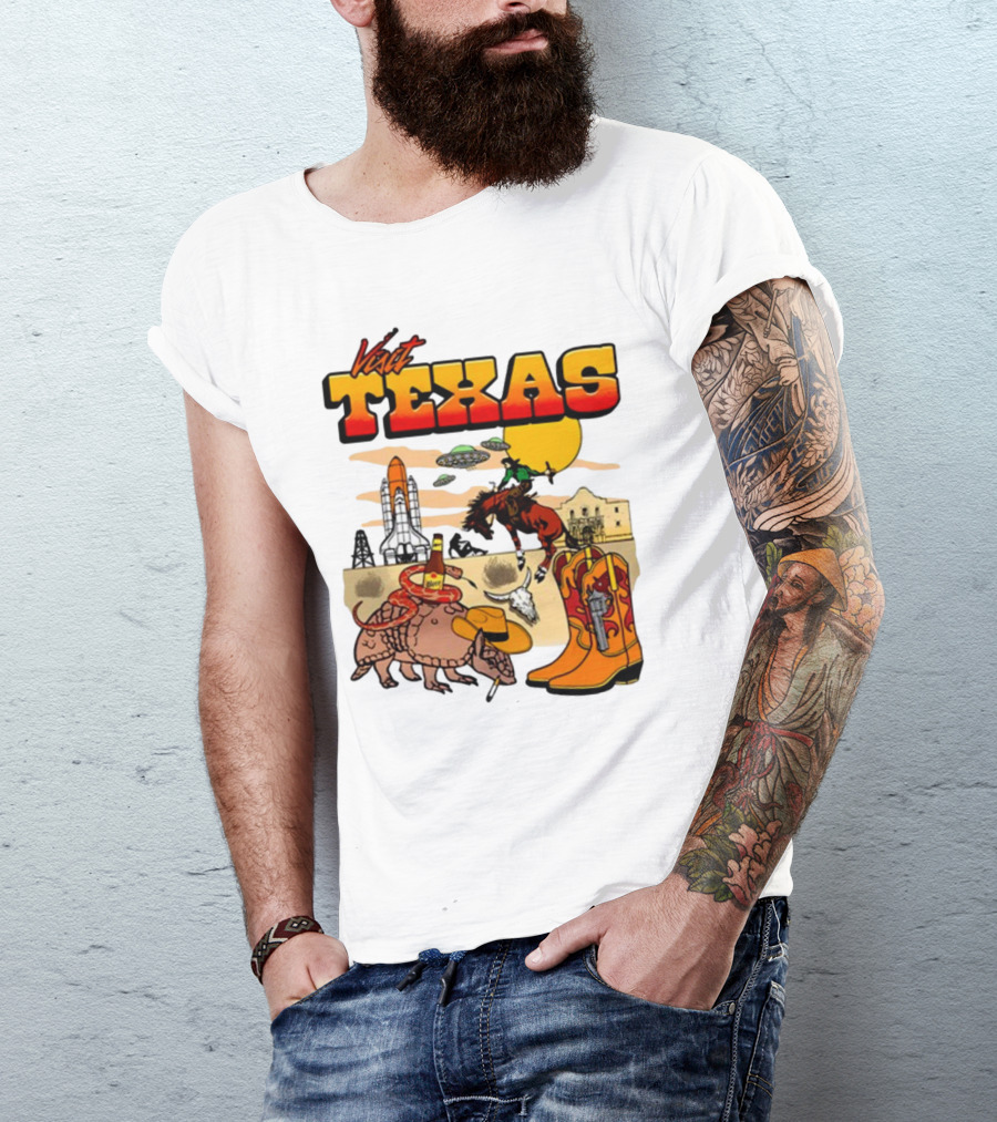 Visit Texas Armadillo Cowboy Boots Space Shuttle UFOs Rodeo Horse Alamo T-Shirt