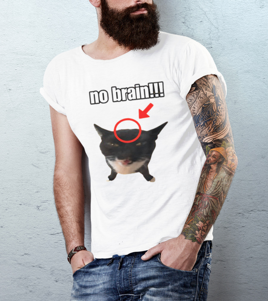 No Brain Cat With Red Circle And Arrow T-Shirt