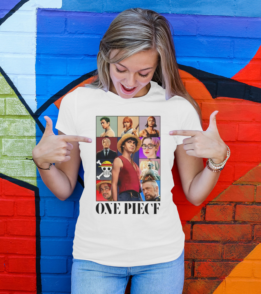One Piece Characters Collage With Skull And Straw Hat T-Shirt