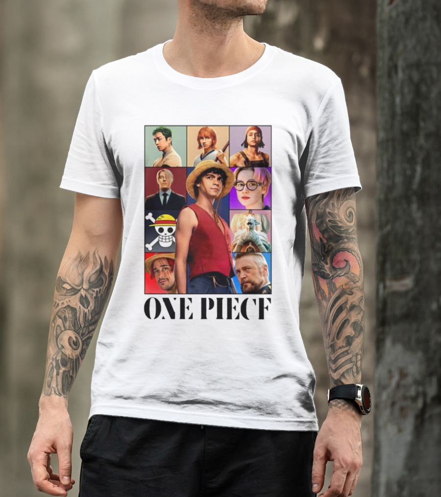 One Piece Characters Collage With Skull And Straw Hat T-Shirt