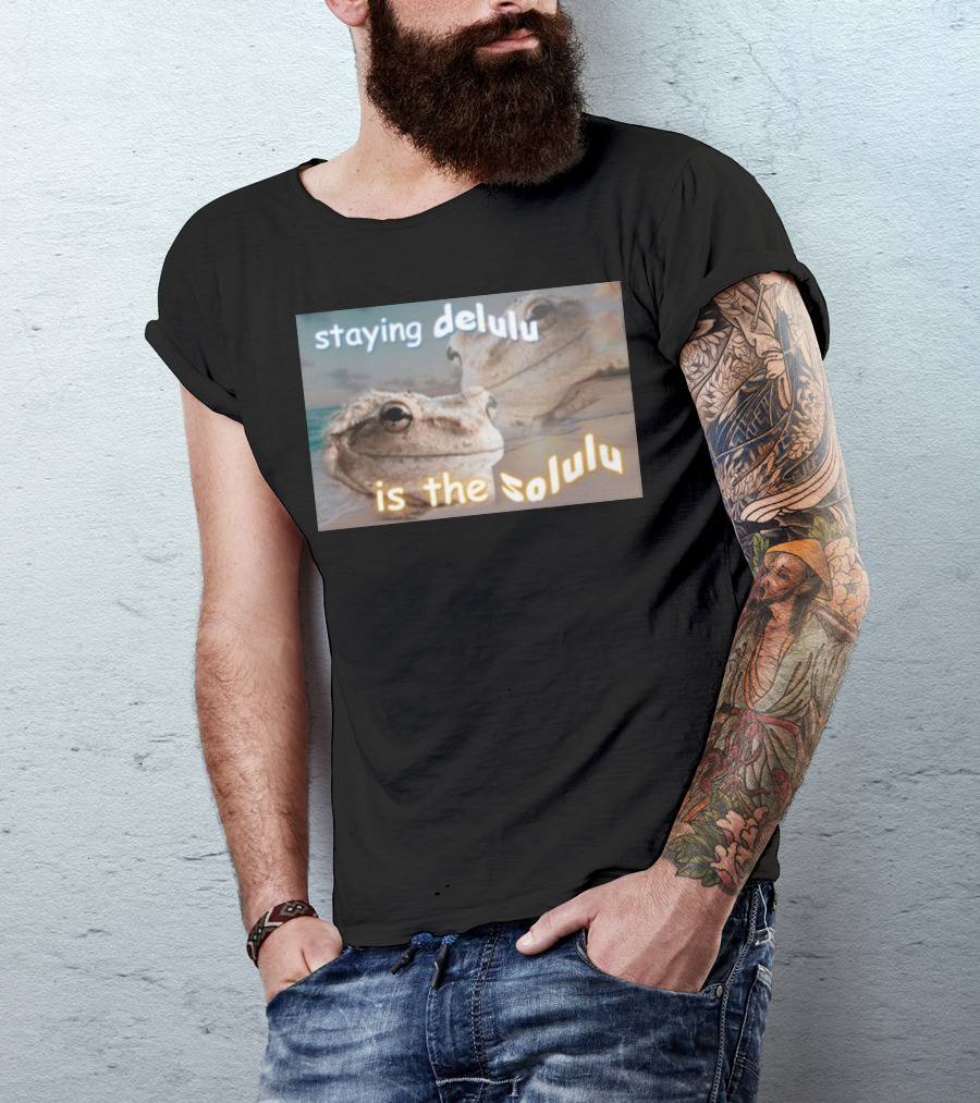 Staying Delulu Is The Solulu Frog Meme Beach Reflection T-Shirt