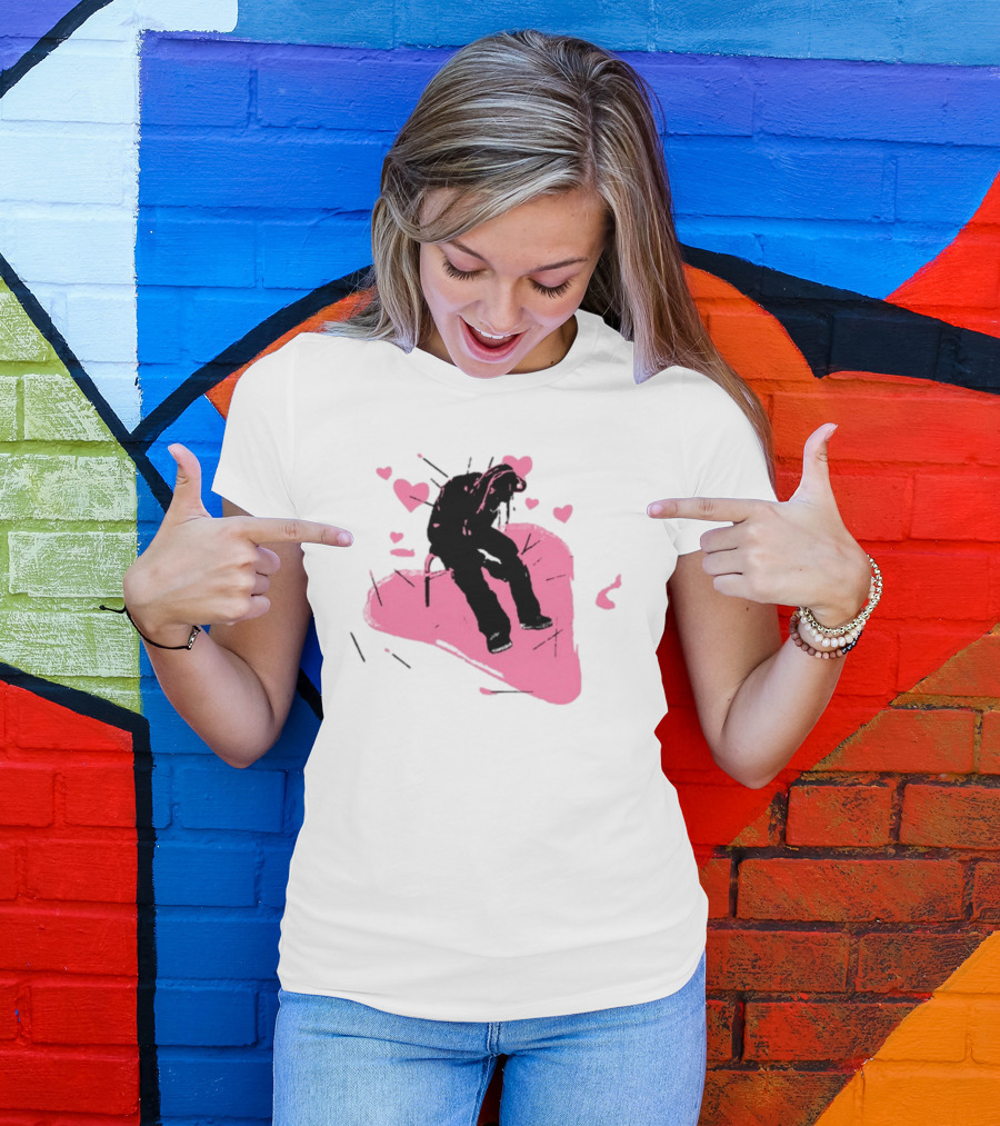 Drokenji Hearts White Pink Heart Black T-Shirt