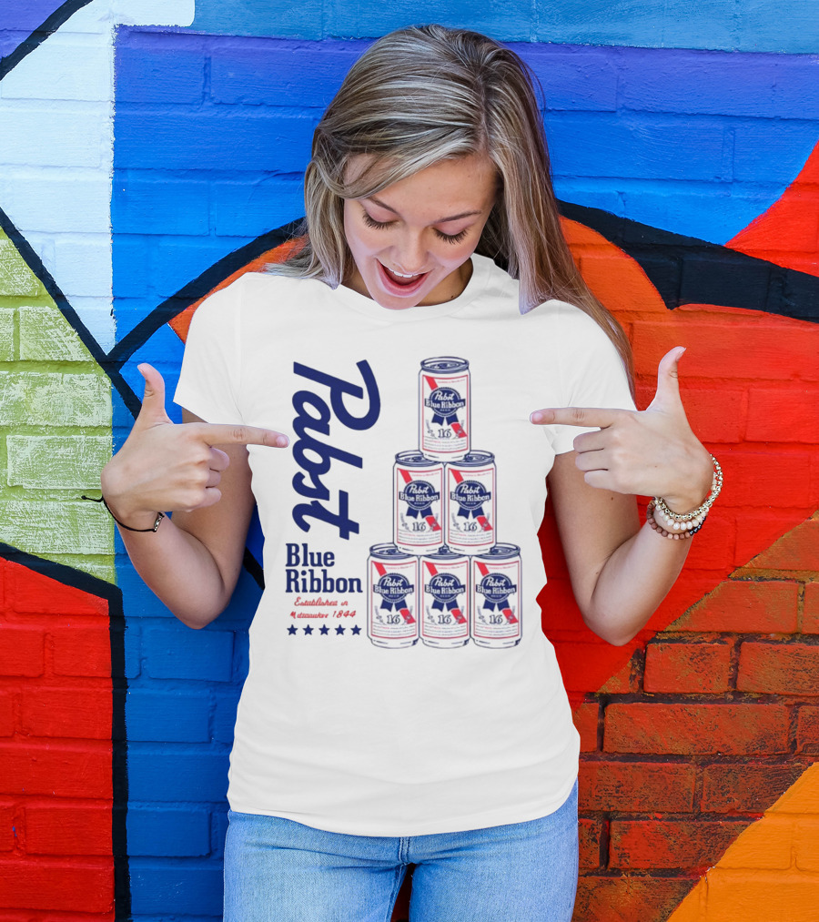 Pabst Blue Ribbon Beer Can Pyramid Established 1844 T-Shirt